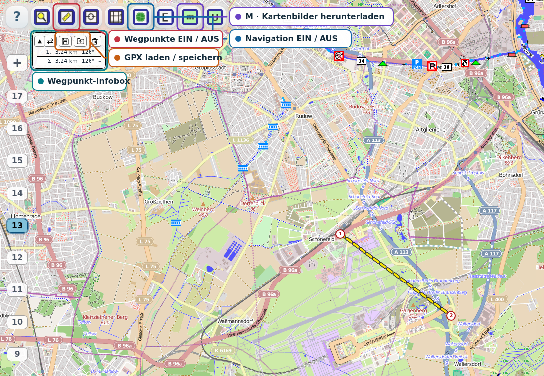 Seekarte mit markierter Wegpunkt-Infobox sowie Hinweisen auf GPX laden und speichern, Kartenbilder-Download, Navigation und Wegpunkte-Schalter